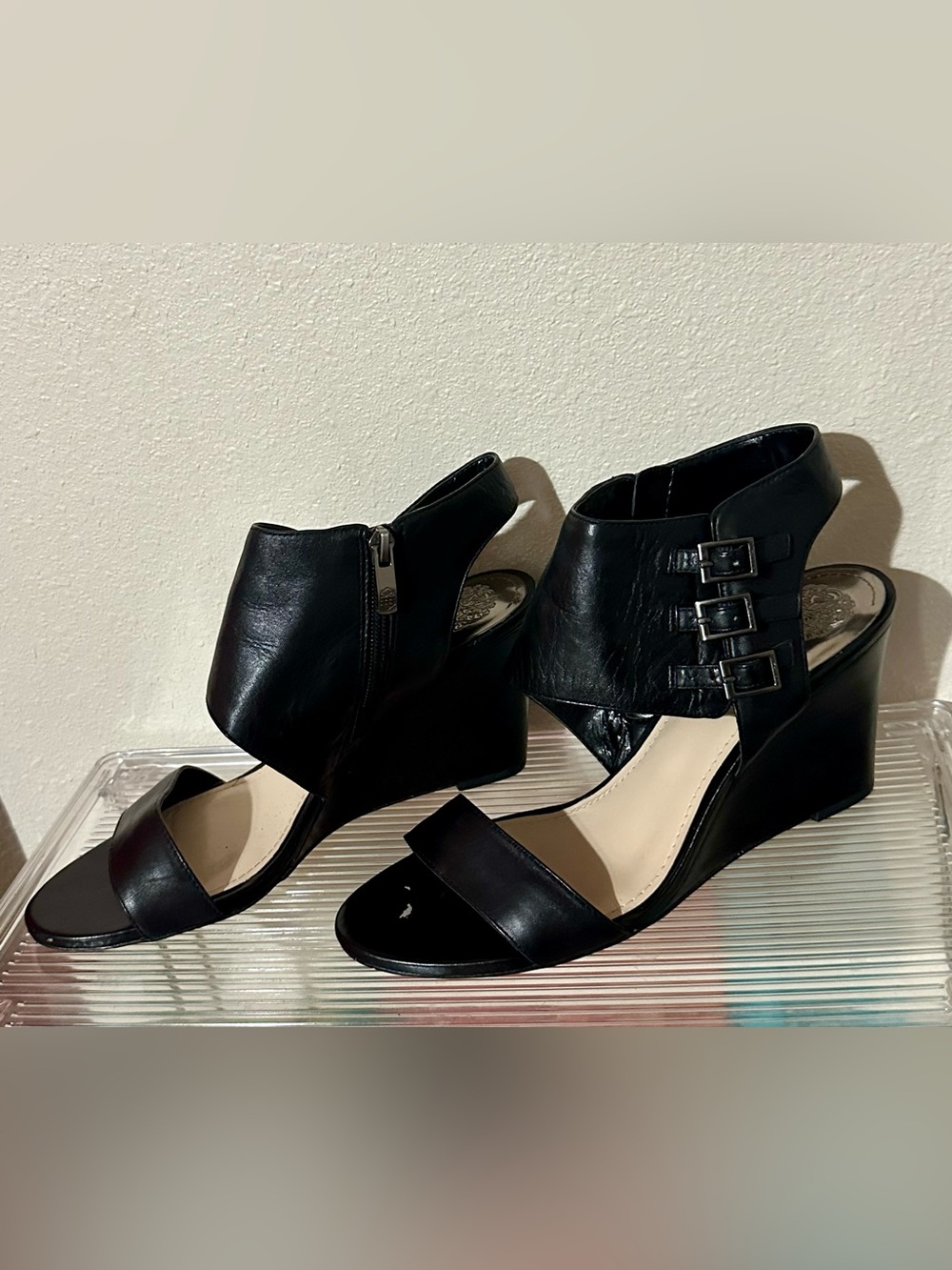 Vince Camuto Black Leather Wedge Sandals with Buckle Straps